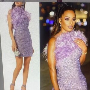 Bronx & Banco Lulu Mini Dress Lilac Feather Sequin One‑Shoulder Size L/ US 8